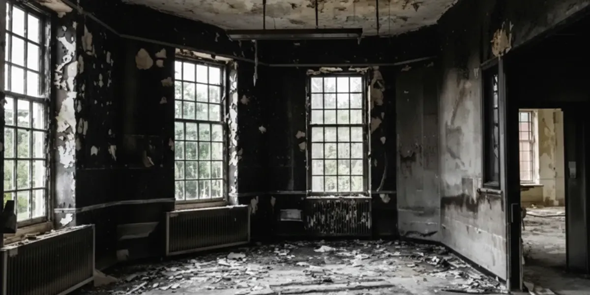 fire damage repair addressing severe interior damage and smoke residue inside a burned home in Nashville, TN